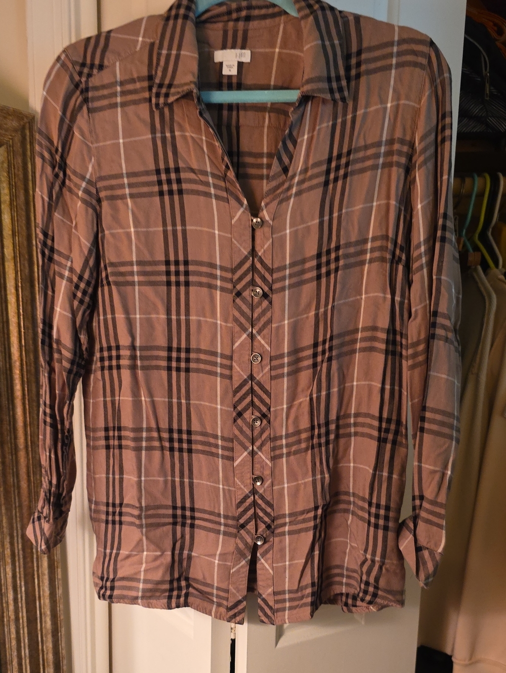 J.Jill Womens Plaid Button-Up Shirt - Brown Sz M